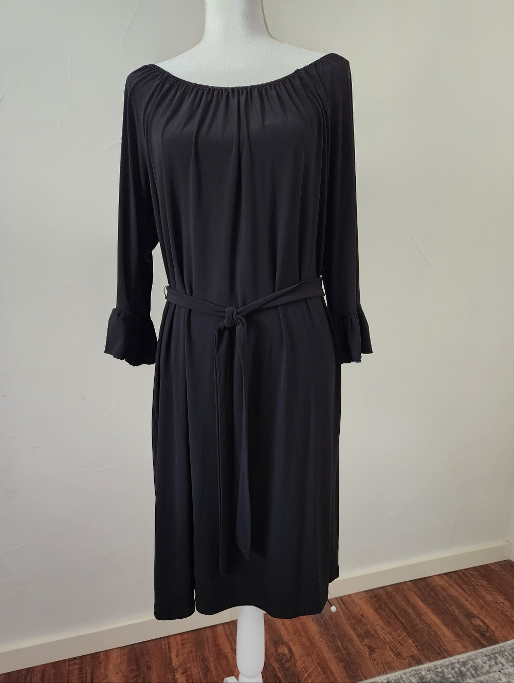 Dress Barn Black Boatneck Midi Dress with Self-Tie Belt